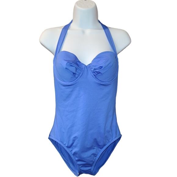 NWOT Boston Proper One-Piece Halter Swimsuit Underwire Cutout Back Size 8 Blue - Picture 1 of 12